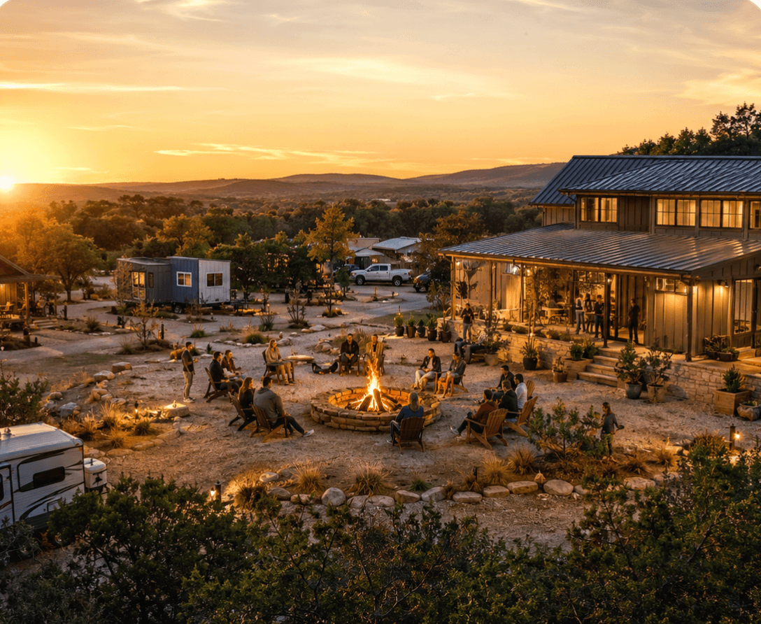 Residents gathered around a fire circle at sunset — location one in Spicewood, Texas.
